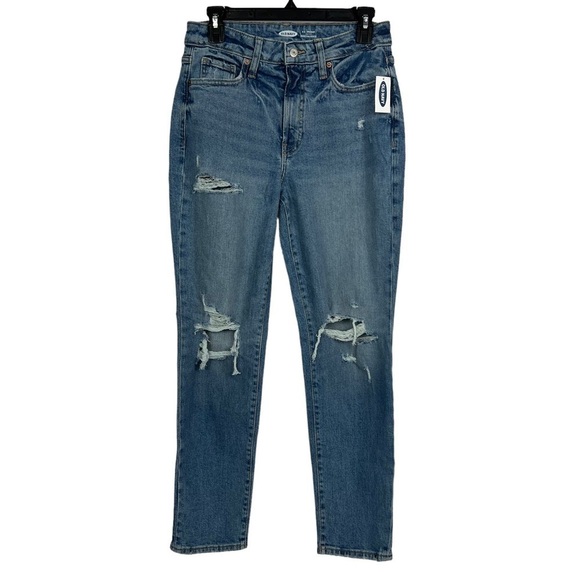 NWT Old Navy Women’s Blue Jeans Sz 6 Straight High-Rise Medium Wash Distressed - Picture 1 of 13